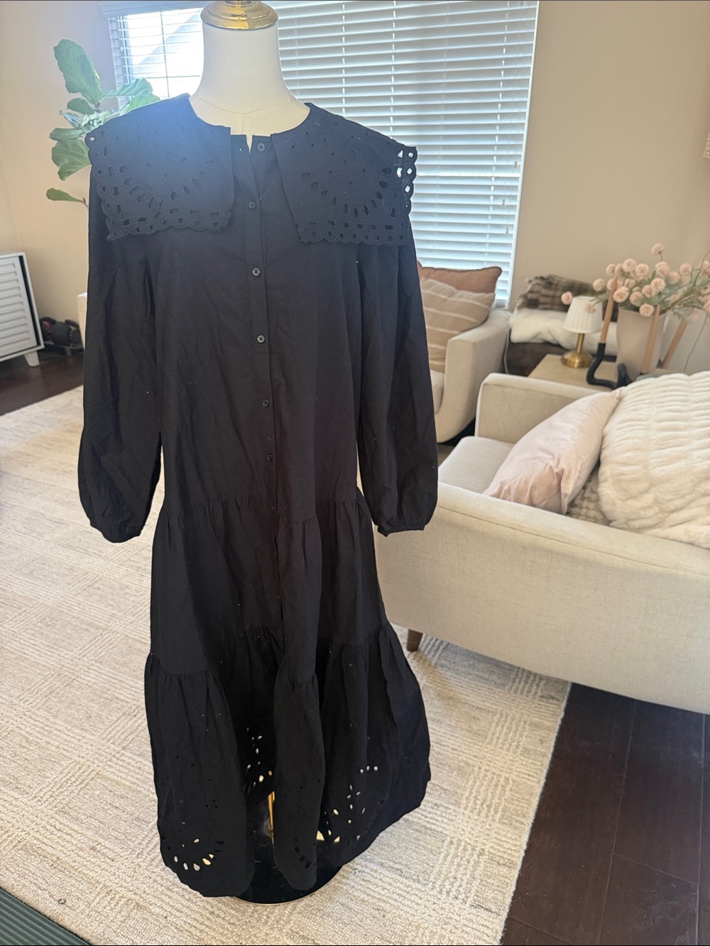 Zara Black Eyelet Tiered Midi Dress with Statement Collar